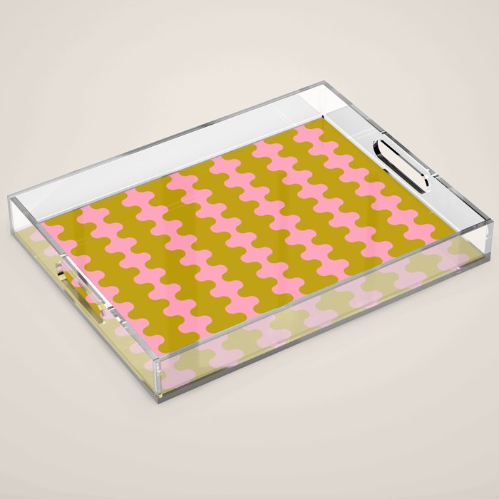 Contemporary Wavy Ogee A-Go-Go Vertical Stripes Chartreuse and Pink Pattern Acrylic Tray Gallery Image 1