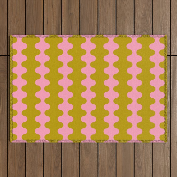 Contemporary Wavy Ogee A-Go-Go Vertical Stripes Chartreuse and Pink Pattern Outdoor Rug Gallery Image 1