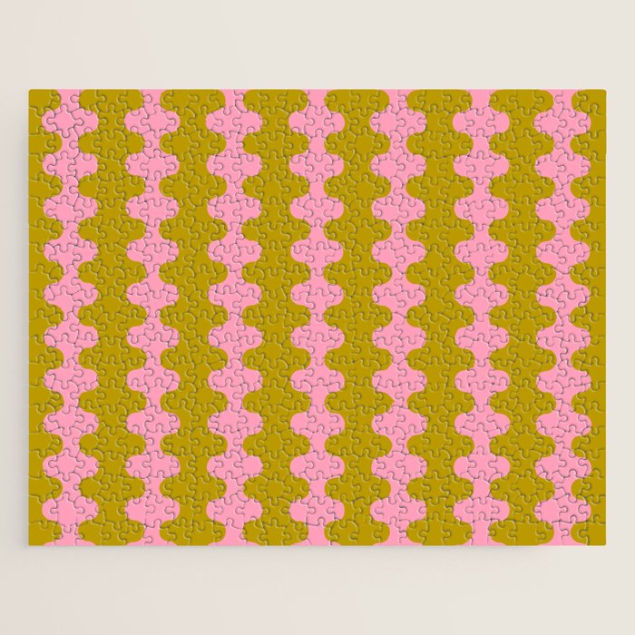 Contemporary Wavy Ogee A-Go-Go Vertical Stripes Chartreuse and Pink Pattern Jigsaw Puzzle Gallery Image 1