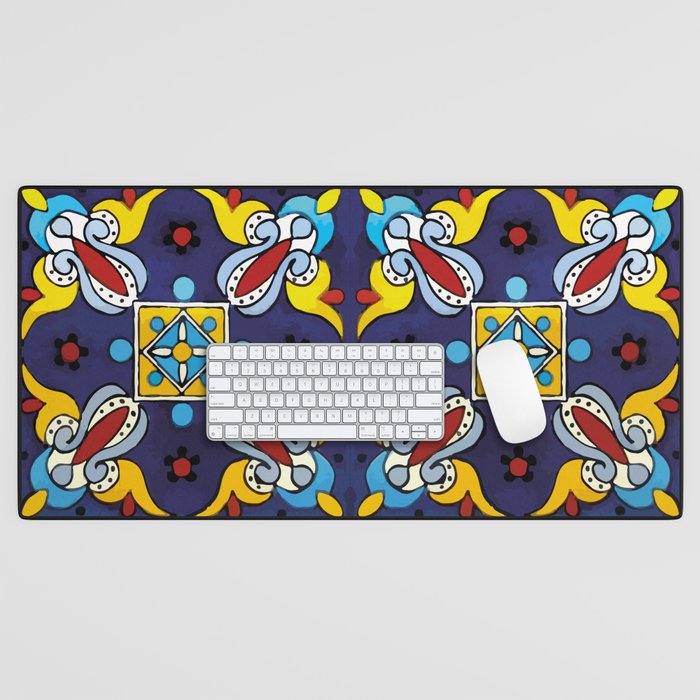 Abstract blue cruz mexican modern talavera tile wall Desk Mat Gallery Image 1
