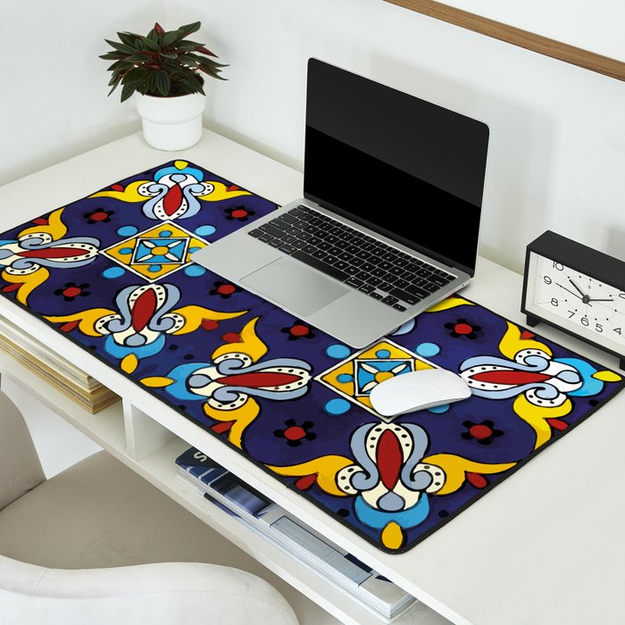 Abstract blue cruz mexican modern talavera tile wall Desk Mat Gallery Image 2