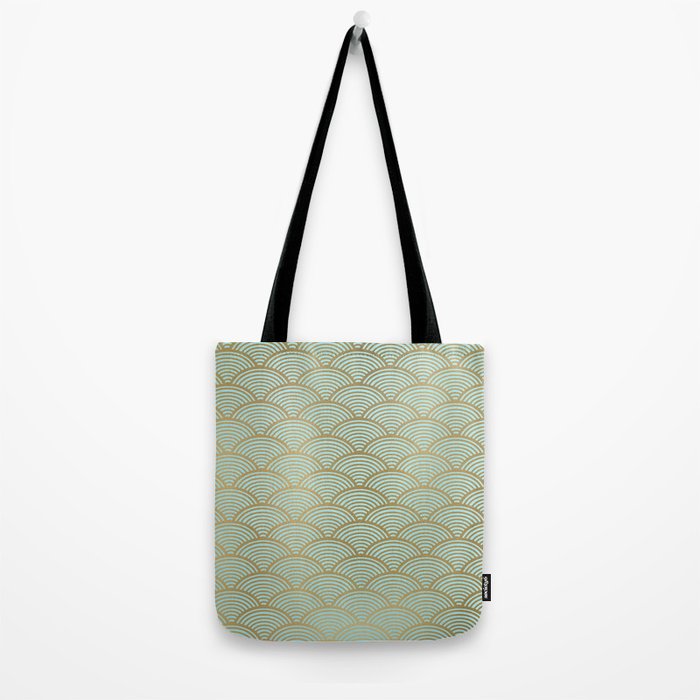 Festive, Art Deco, Wave, Pattern, Green and Gold Tote Bag Gallery Image 2