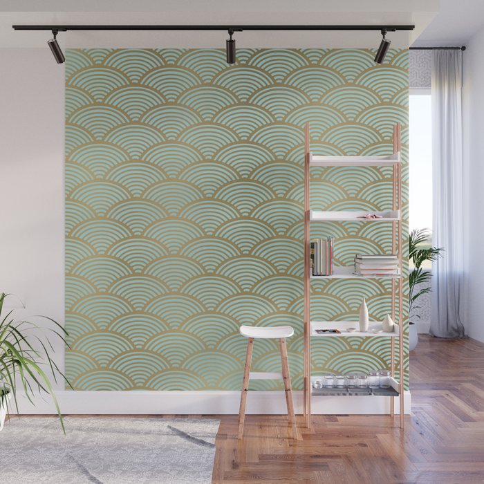 Festive, Art Deco, Wave, Pattern, Green and Gold Wall Mural Gallery Image 1