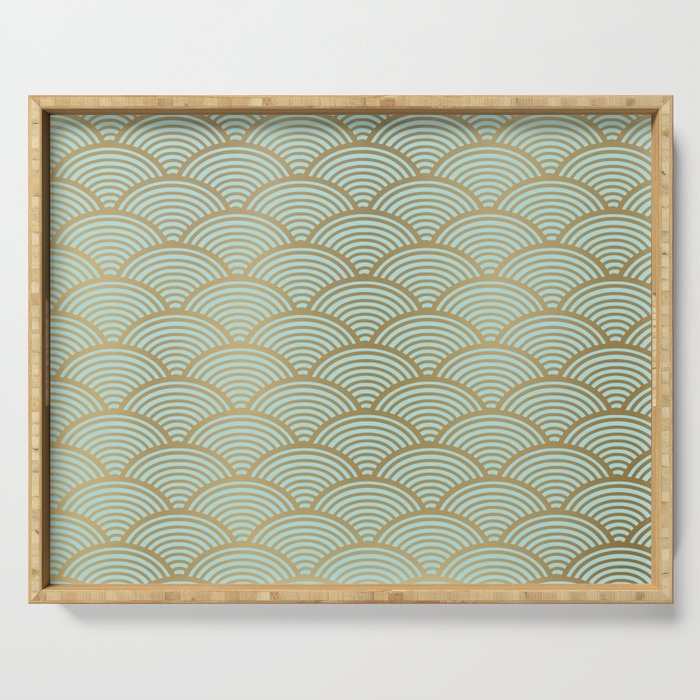 Festive, Art Deco, Wave, Pattern, Green and Gold Serving Tray Gallery Image 1