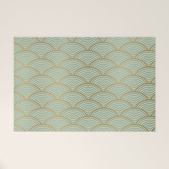 Festive, Art Deco, Wave, Pattern, Green and Gold Welcome Mat Gallery Image 1