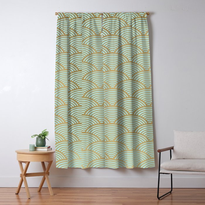 Festive, Art Deco, Wave, Pattern, Green and Gold Window Curtain Gallery Image 5