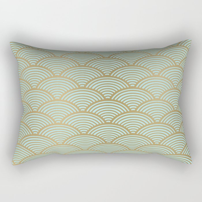 Festive, Art Deco, Wave, Pattern, Green and Gold Rectangular Pillow Gallery Image 2