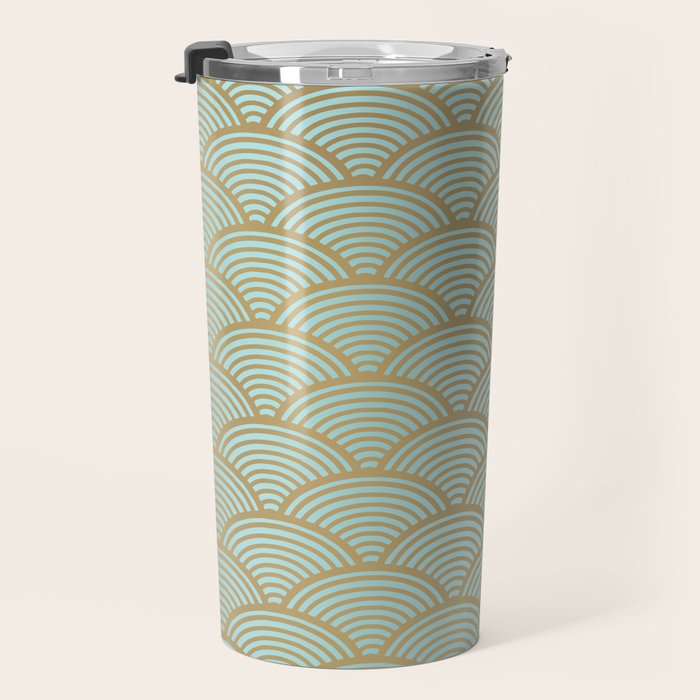 Festive, Art Deco, Wave, Pattern, Green and Gold Travel Mug Gallery Image 3
