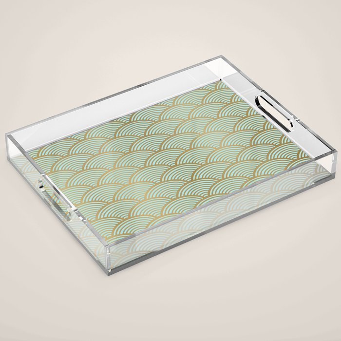 Festive, Art Deco, Wave, Pattern, Green and Gold Acrylic Tray Gallery Image 1