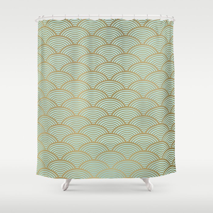 Festive, Art Deco, Wave, Pattern, Green and Gold Shower Curtain Gallery Image 1