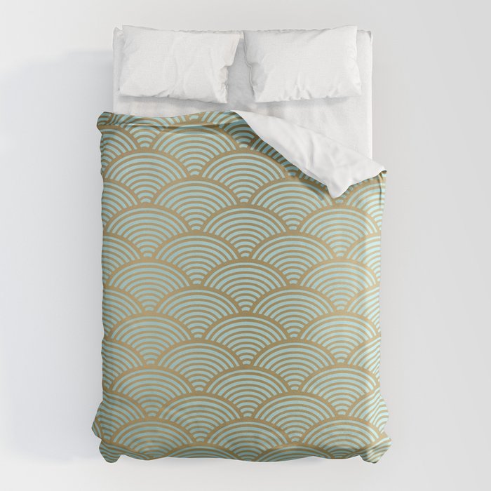 Festive, Art Deco, Wave, Pattern, Green and Gold Duvet Cover Gallery Image 1