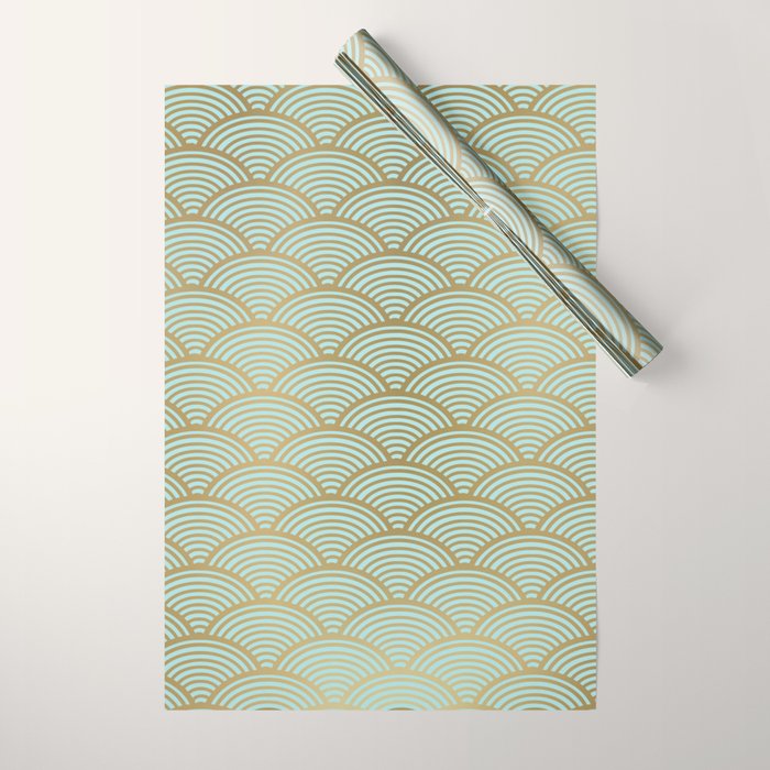 Festive, Art Deco, Wave, Pattern, Green and Gold Wrapping Paper Gallery Image 1