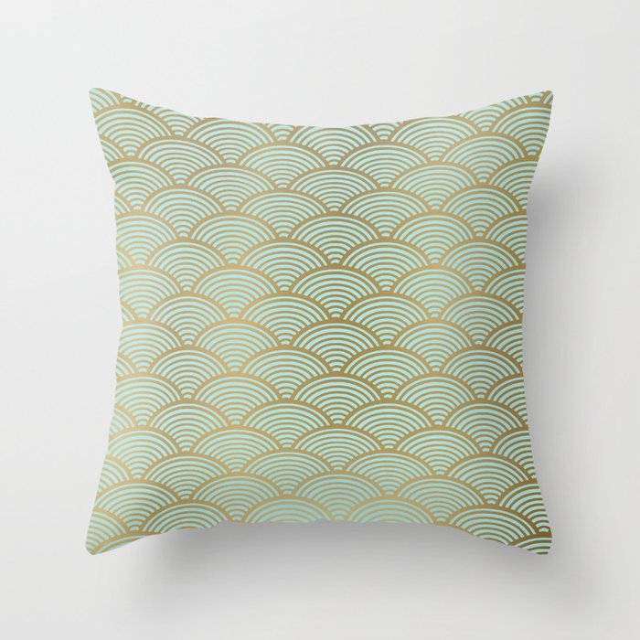Festive, Art Deco, Wave, Pattern, Green and Gold Throw Pillow Gallery Image 1