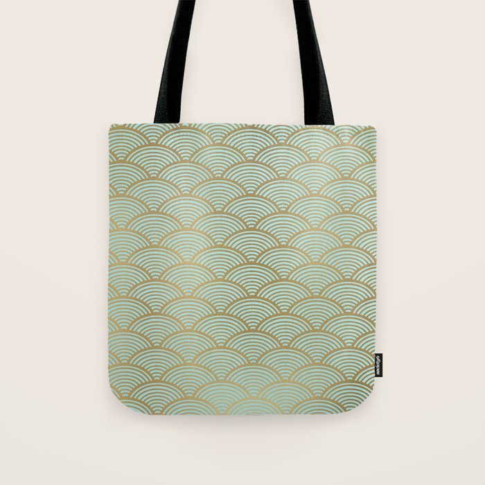 Festive, Art Deco, Wave, Pattern, Green and Gold Tote Bag Gallery Image 1