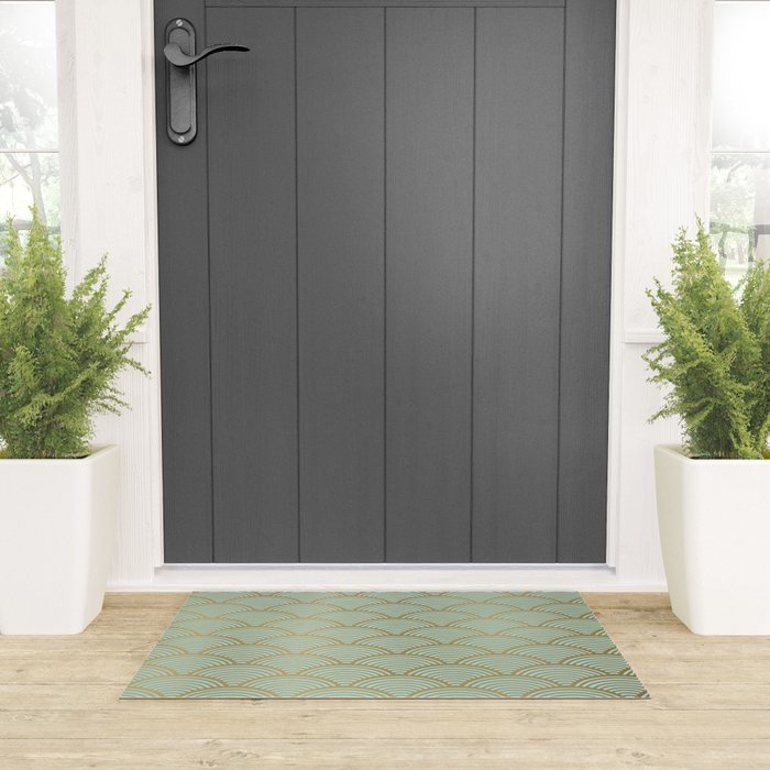Festive, Art Deco, Wave, Pattern, Green and Gold Welcome Mat Gallery Image 3