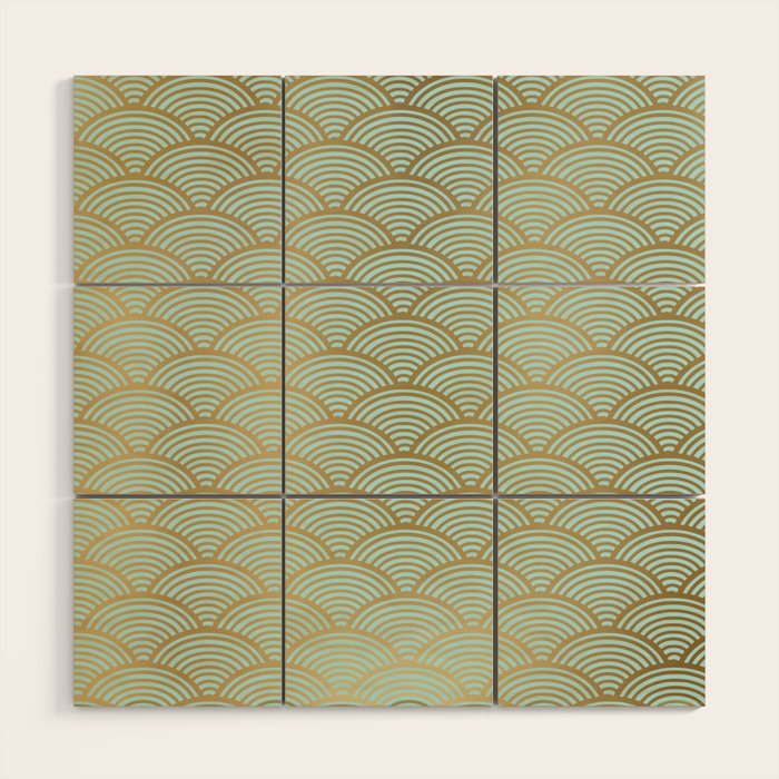 Festive, Art Deco, Wave, Pattern, Green and Gold Wood Wall Art Gallery Image 1