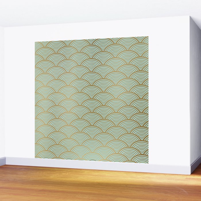 Festive, Art Deco, Wave, Pattern, Green and Gold Wall Mural Gallery Image 2