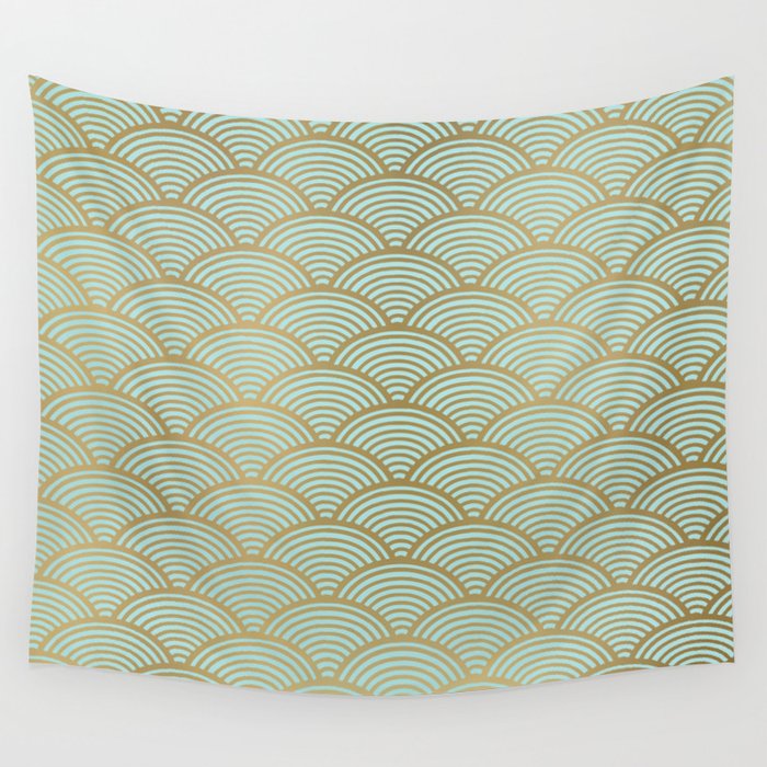Festive, Art Deco, Wave, Pattern, Green and Gold Wall Tapestry Gallery Image 4
