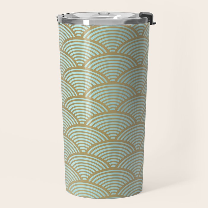 Festive, Art Deco, Wave, Pattern, Green and Gold Travel Mug Gallery Image 2