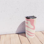 Modern Retro Liquid Swirl Abstract Pattern Square in Pink and Cream Travel Mug Gallery Image 4