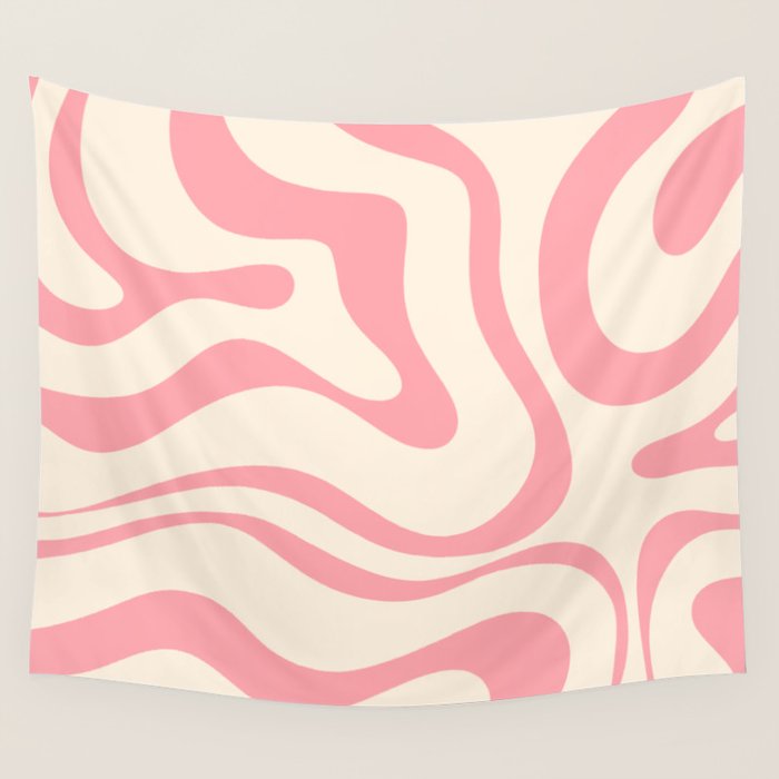 Modern Retro Liquid Swirl Abstract Pattern Square in Pink and Cream Wall Tapestry Gallery Image 1