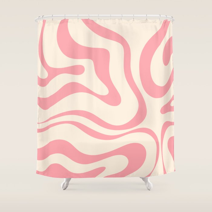 Modern Retro Liquid Swirl Abstract Pattern Square in Pink and Cream Shower Curtain Gallery Image 1