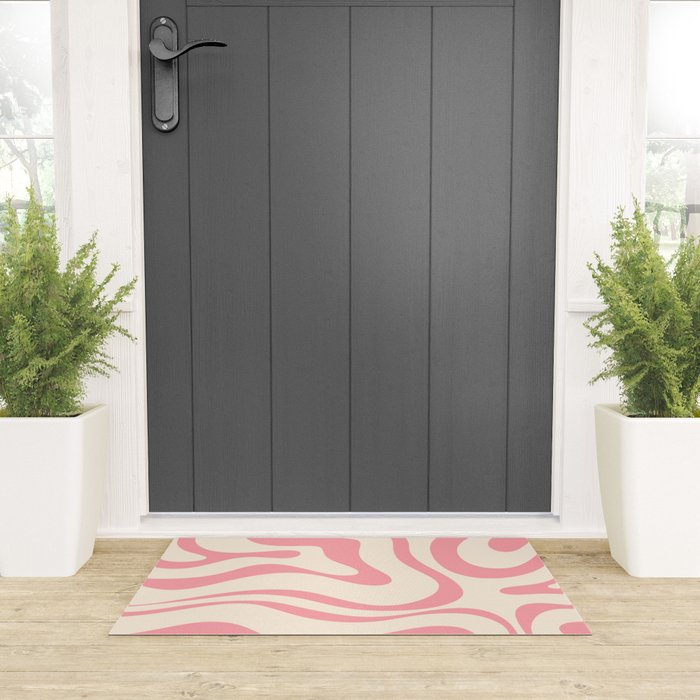 Modern Retro Liquid Swirl Abstract Pattern Square in Pink and Cream Welcome Mat Gallery Image 3