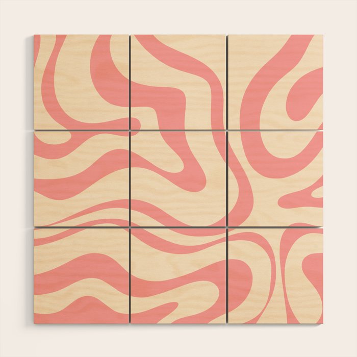 Modern Retro Liquid Swirl Abstract Pattern Square in Pink and Cream Wood Wall Art Gallery Image 1