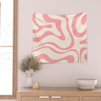 Modern Retro Liquid Swirl Abstract Pattern Square in Pink and Cream Wall Tapestry Gallery Image 2