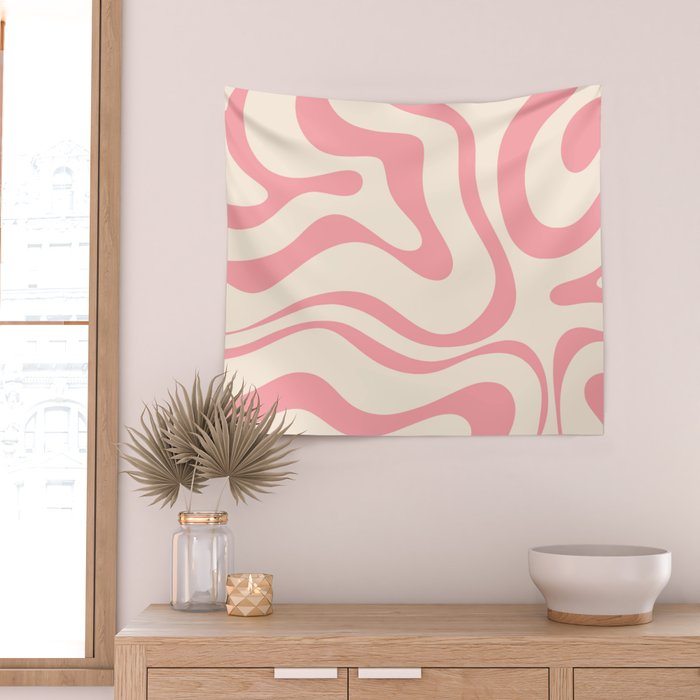 Modern Retro Liquid Swirl Abstract Pattern Square in Pink and Cream Wall Tapestry Gallery Image 2