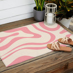 Modern Retro Liquid Swirl Abstract Pattern Square in Pink and Cream Outdoor Rug Gallery Image 2
