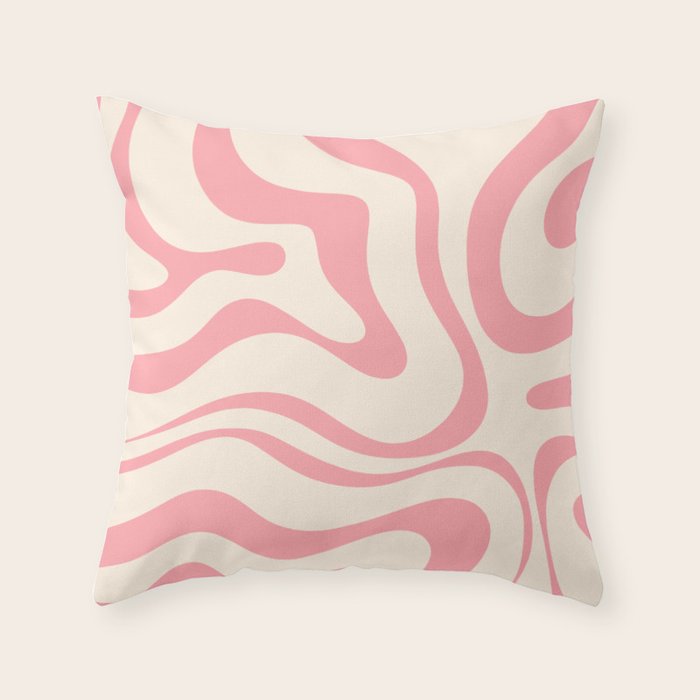 Modern Retro Liquid Swirl Abstract Pattern Square in Pink and Cream Throw Pillow Gallery Image 1