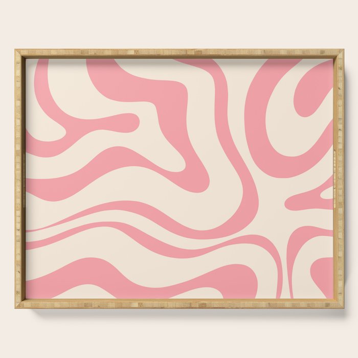 Modern Retro Liquid Swirl Abstract Pattern Square in Pink and Cream Serving Tray Gallery Image 1