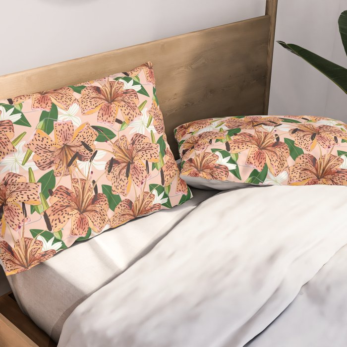 Tiger Lillies, Tropical Blush Botanical Illustration, Polka Dots Nature Vibrant Floral Jungle Pillow Sham Gallery Image 2