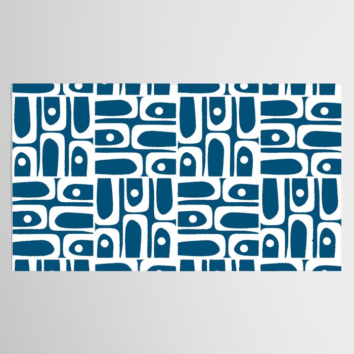 Blue and White Mid Century Modern Piquet Abstract Multi Geometric Pattern Tablecloth Gallery Image 2