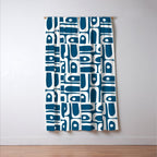 Blue and White Mid Century Modern Piquet Abstract Multi Geometric Pattern Window Curtain Gallery Image 3