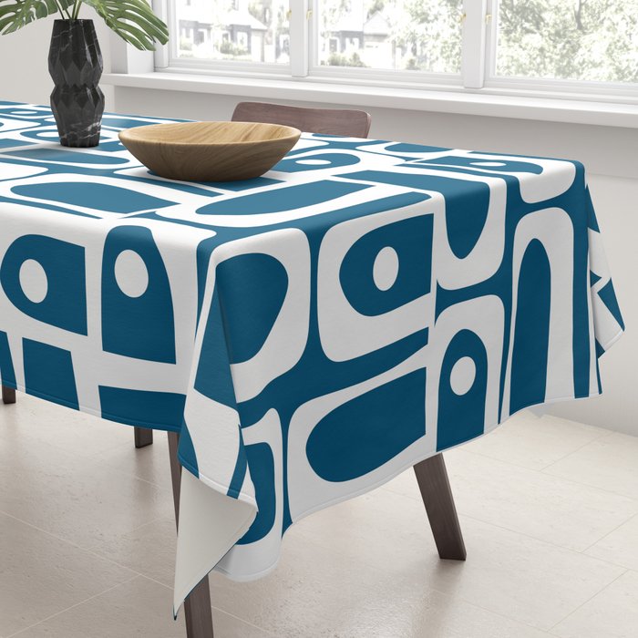 Blue and White Mid Century Modern Piquet Abstract Multi Geometric Pattern Tablecloth Gallery Image 3