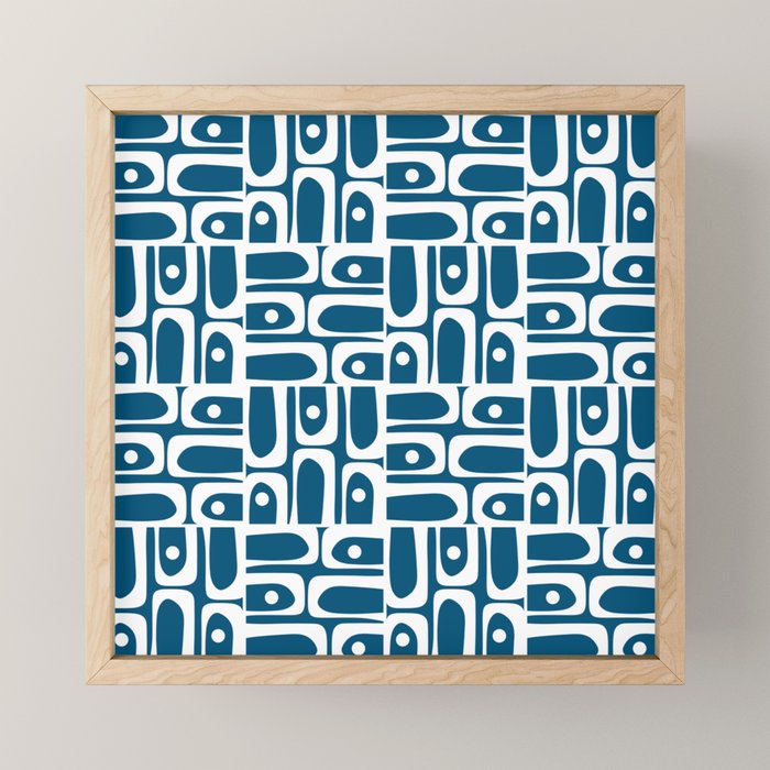 Blue and White Mid Century Modern Piquet Abstract Multi Geometric Pattern Mini Art Print Gallery Image 1
