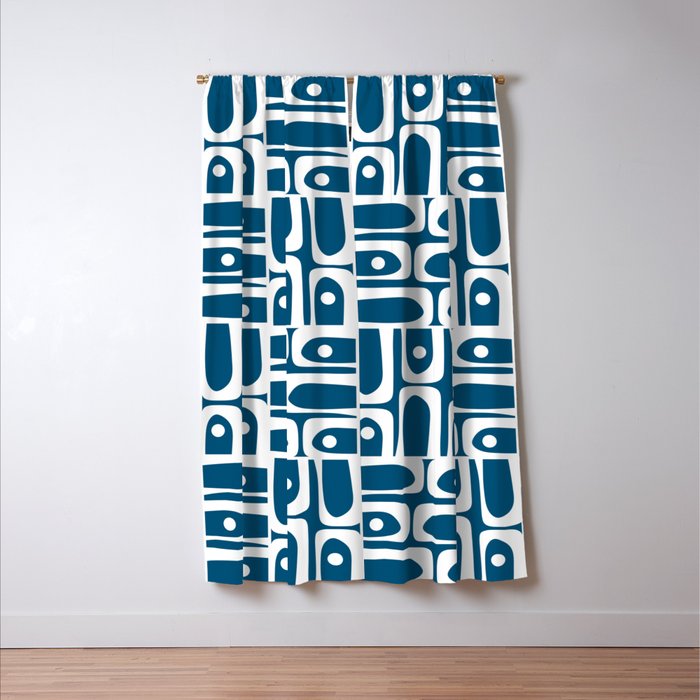 Blue and White Mid Century Modern Piquet Abstract Multi Geometric Pattern Window Curtain Gallery Image 3