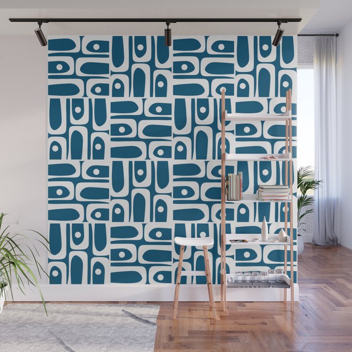 Blue and White Mid Century Modern Piquet Abstract Multi Geometric Pattern Wall Mural Gallery Image 1