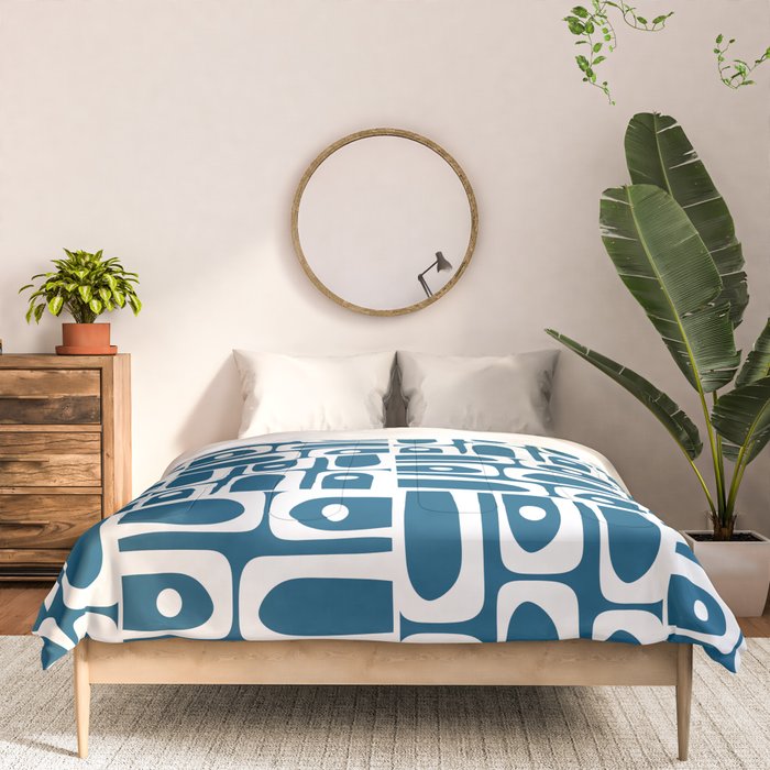 Blue and White Mid Century Modern Piquet Abstract Multi Geometric Pattern Comforter Gallery Image 3