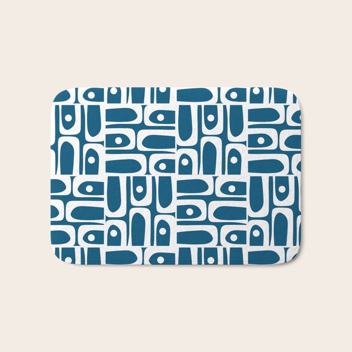 Blue and White Mid Century Modern Piquet Abstract Multi Geometric Pattern Bath Mat Gallery Image 1