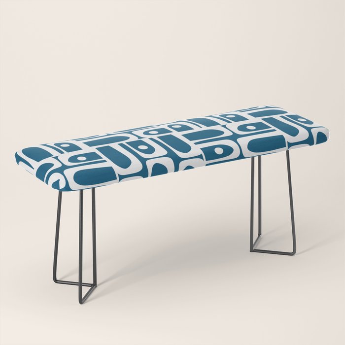 Blue and White Mid Century Modern Piquet Abstract Multi Geometric Pattern Bench Gallery Image 1