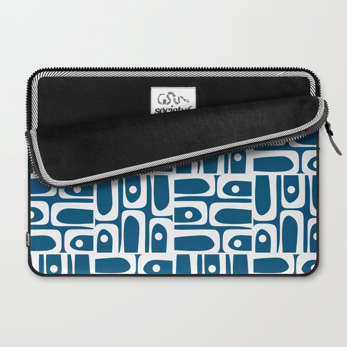 Blue and White Mid Century Modern Piquet Abstract Multi Geometric Pattern Laptop Sleeve Gallery Image 2