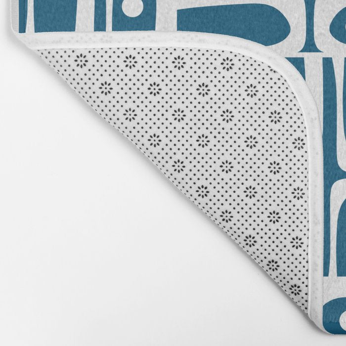 Blue and White Mid Century Modern Piquet Abstract Multi Geometric Pattern Bath Mat Gallery Image 2