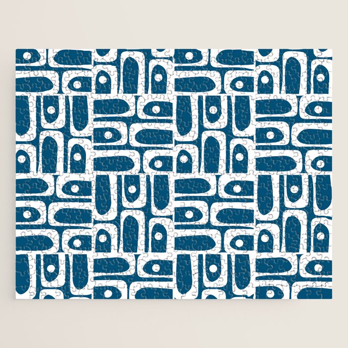 Blue and White Mid Century Modern Piquet Abstract Multi Geometric Pattern Jigsaw Puzzle Gallery Image 1