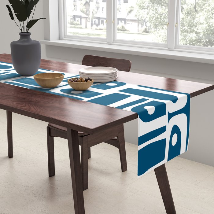 Blue and White Mid Century Modern Piquet Abstract Multi Geometric Pattern Table Runner Gallery Image 2