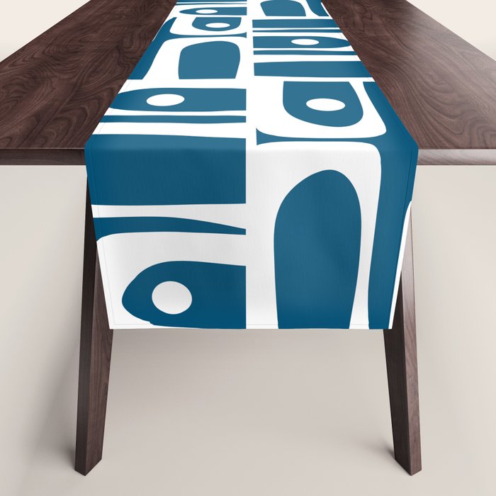 Blue and White Mid Century Modern Piquet Abstract Multi Geometric Pattern Table Runner Gallery Image 1