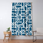Blue and White Mid Century Modern Piquet Abstract Multi Geometric Pattern Window Curtain Gallery Image 5