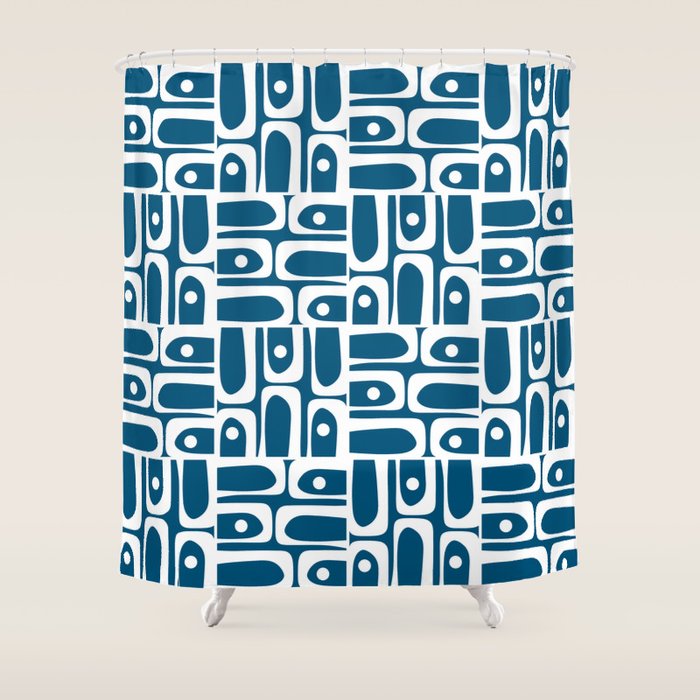 Blue and White Mid Century Modern Piquet Abstract Multi Geometric Pattern Shower Curtain Gallery Image 1